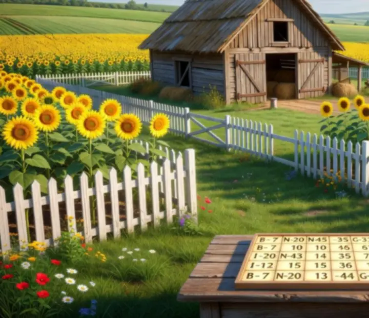 Bingo Country Farm fapajta háttere színes bingo kártyákkal és napraforgókkal