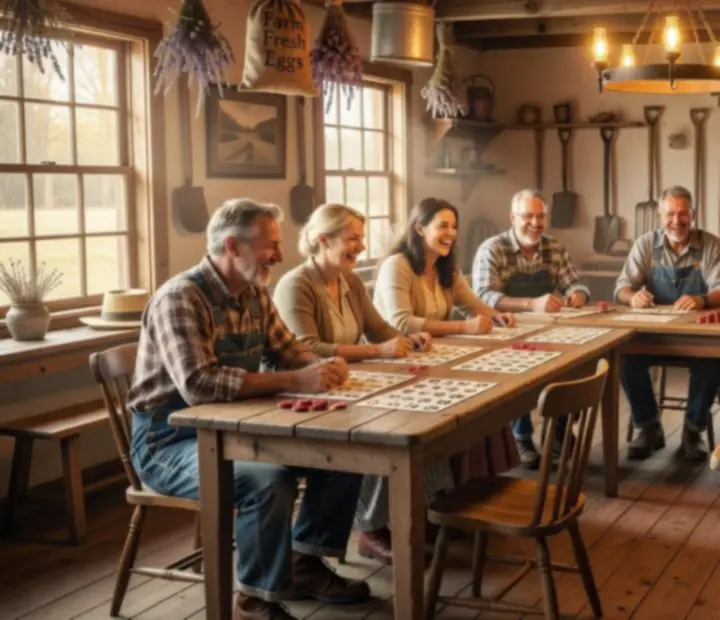 Tematikus farm bingo szoba belső nézete színes bingó kártyákkal