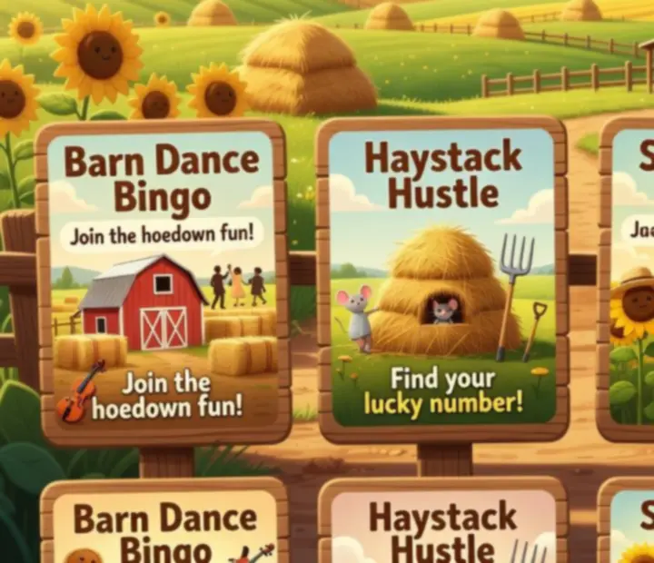 Bingo Country Farm bingó szoba választó képernyő, különböző farm témájú termekkel