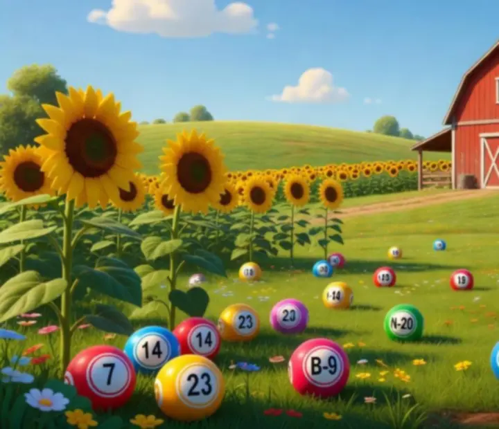 Rajzolt mezők, napraforgók és színes bingo kártyák a Bingo Country Farm játékban
