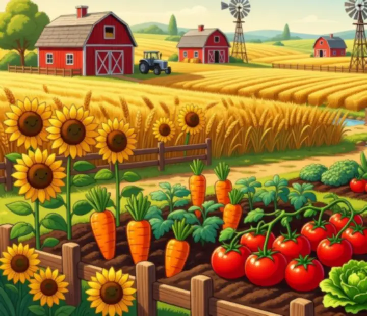 Vidám country farm látvány, ahol a Bingó Tanya bónuszai farmfejlesztésre használhatók