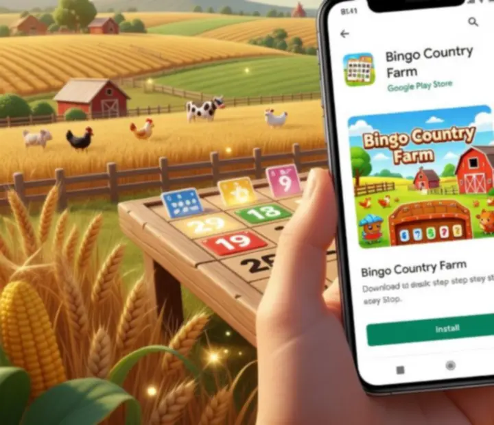 Mobiltelefon, amelyen a Bingo Country Farm letöltési lépései láthatók
