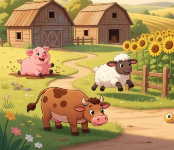 Rajzolt farm háttér napraforgókkal, pajtával és színes bingó golyókkal